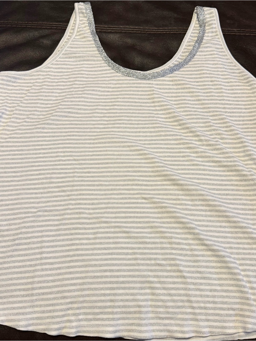 Lane Bryant White and Light Gray Striped Tank Top with Silver Trim